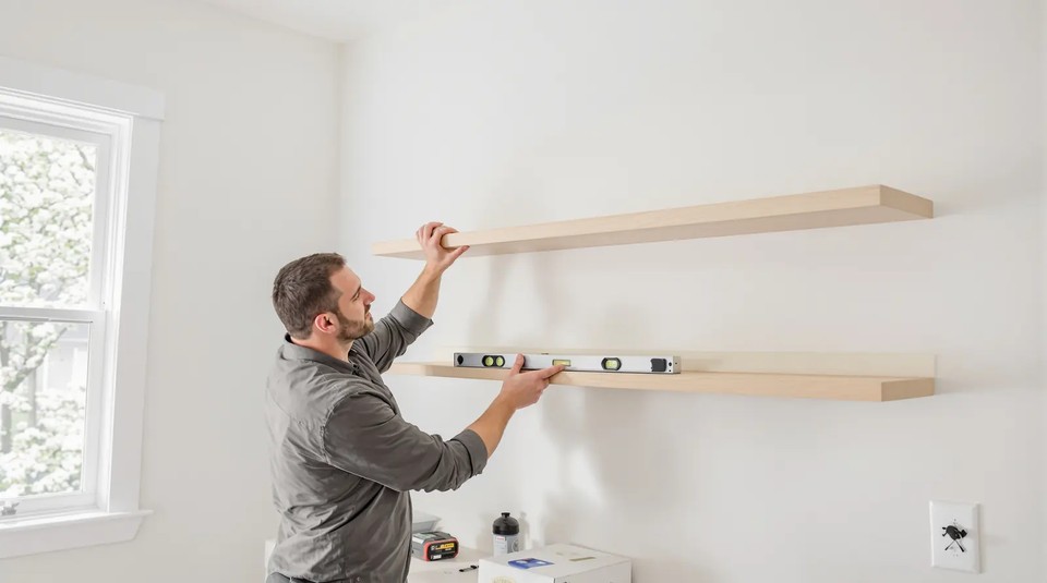 Handyman setting a level on a floating wood shelf on a white wall next to a window