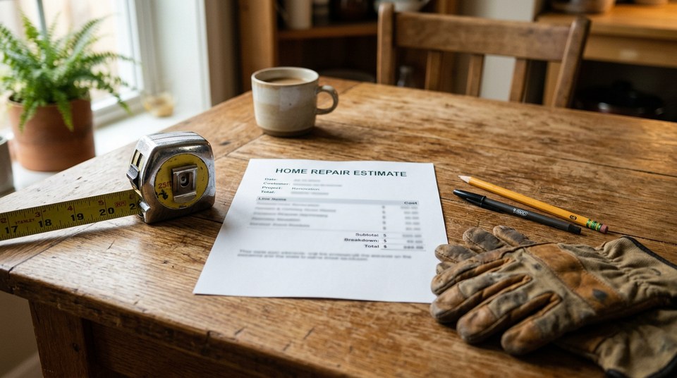 Printed home repair estimate on a wooden kitchen table next to a tape measure, a pen, a pencil and a pair of worn work gloves