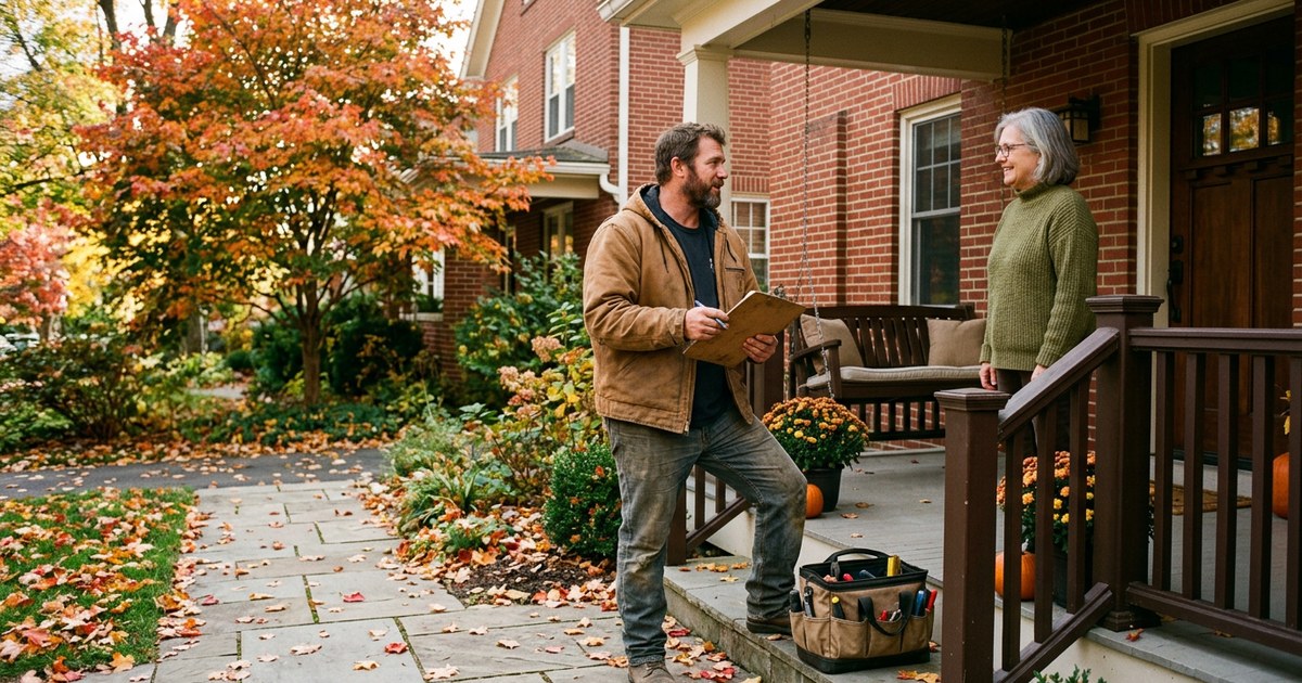 Handyman in a canvas work jacket holding a clipboard on the front walk of a red brick house in autumn, talking with the homeowner on the porch, a tool bag on the step