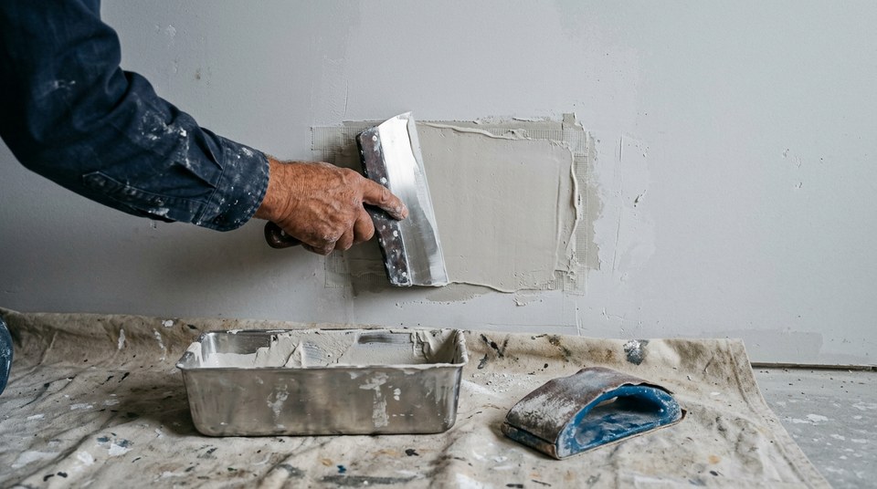 Hand spreading joint compound over a square drywall patch on a gray wall with a wide putty knife, a mud pan and a sanding block on a drop cloth below